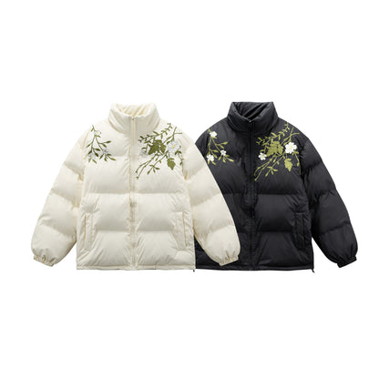 Women's Padded Oversized Quilted Jacket with Stand-up Collar and Floral Embroidery EVA-US