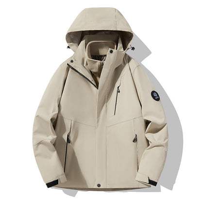 Men's three-layer breathable softshell trekking jacket with integrated fleece collar and adjustable hood EVA-US