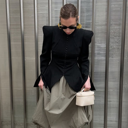Women's Tailored Blazer with Sculptural Shoulders, Emphasized Waist and Pointed Peplum