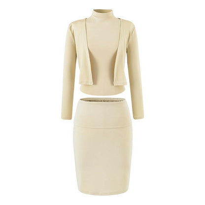 Ladies two-piece business knit set with turtleneck top, bolero, and pencil skirt EVA-US