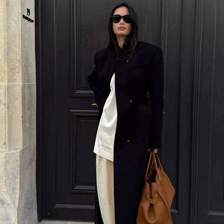 Women Sculptural Midi Coat with distinctive shoulder area and concealed button placket EVA-US