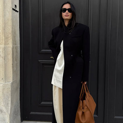 Women Sculptural Midi Coat with distinctive shoulder area and concealed button placket EVA-US