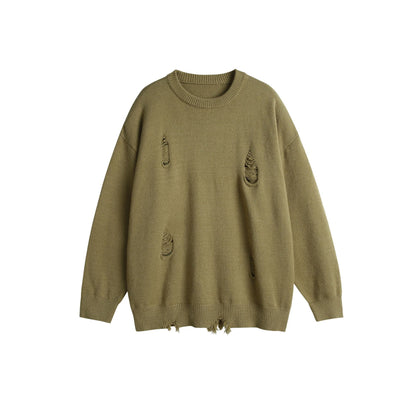 Unisex Oversize Knit Sweater with Destroyed Detail and Ribbed Cuffs EVA-US