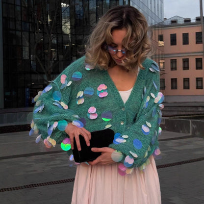 Women's Chunky Knit Mohair Cardigan with Oversized Sequins and Boxy Silhouette EVA-US