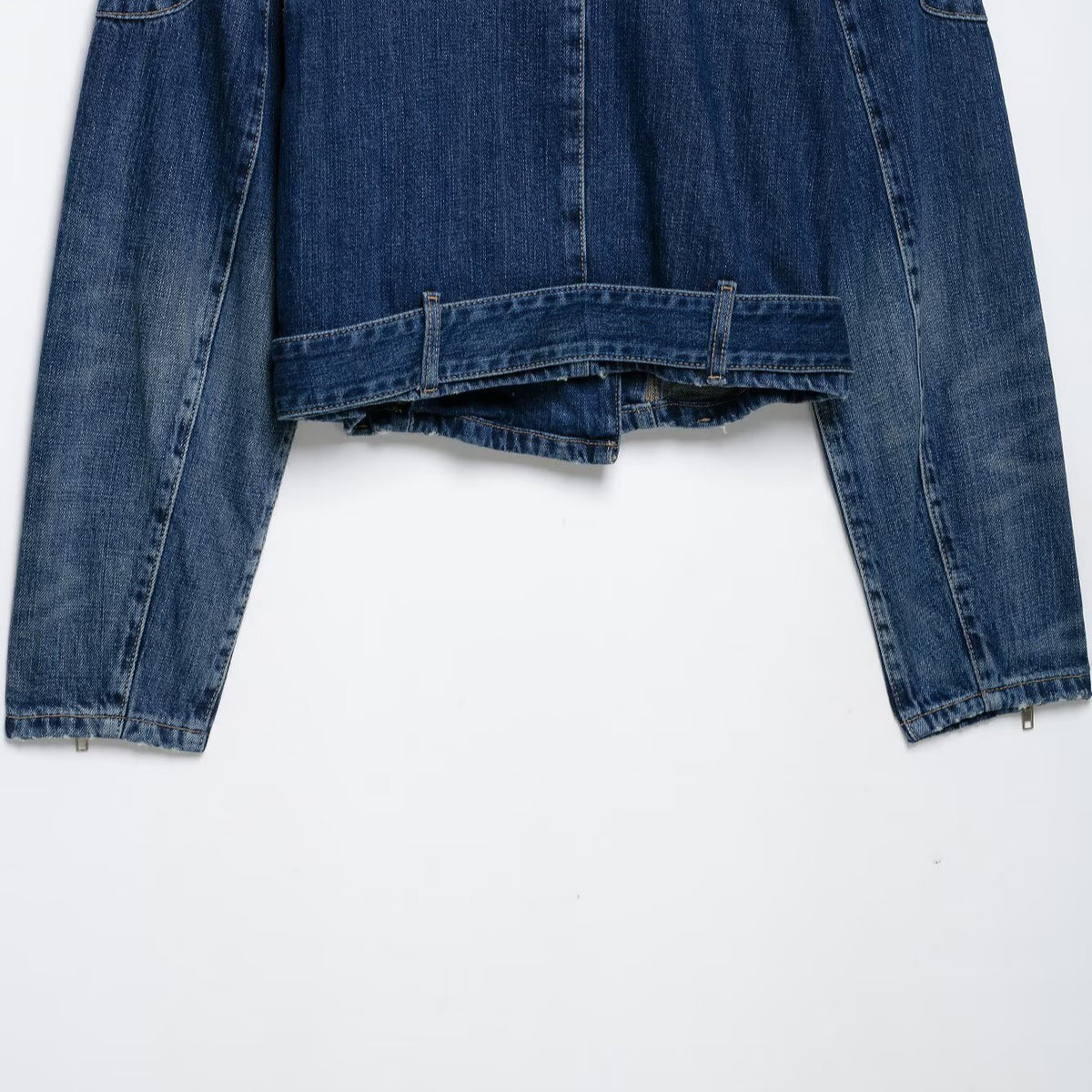 Women's Short Denim Biker Jacket with Belt and Asymmetrical Zipper EVA-US