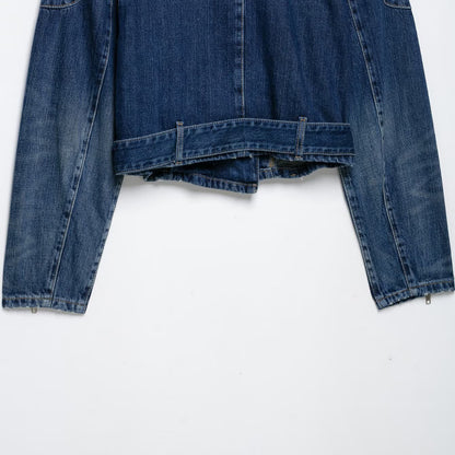 Women's Short Denim Biker Jacket with Belt and Asymmetrical Zipper EVA-US