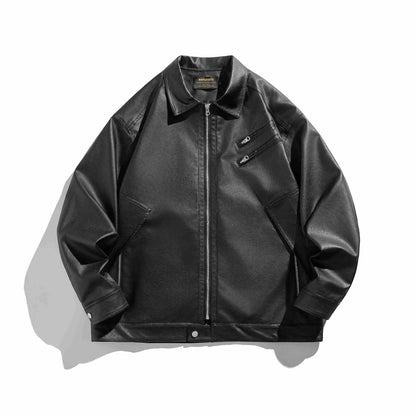 Men's short-cut boxy faux leather jacket with high collar and zipper chest pockets EVA-US