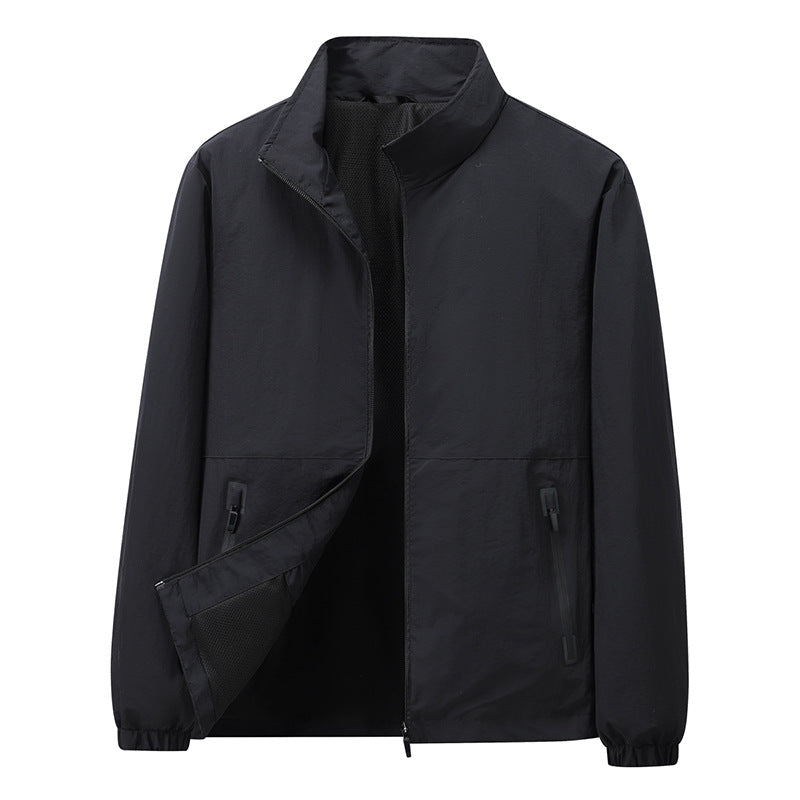Men's Lightweight Windbreaker Outdoor Jacket with Stand Collar, Two-way Zipper and Concealed Pockets EVA-US