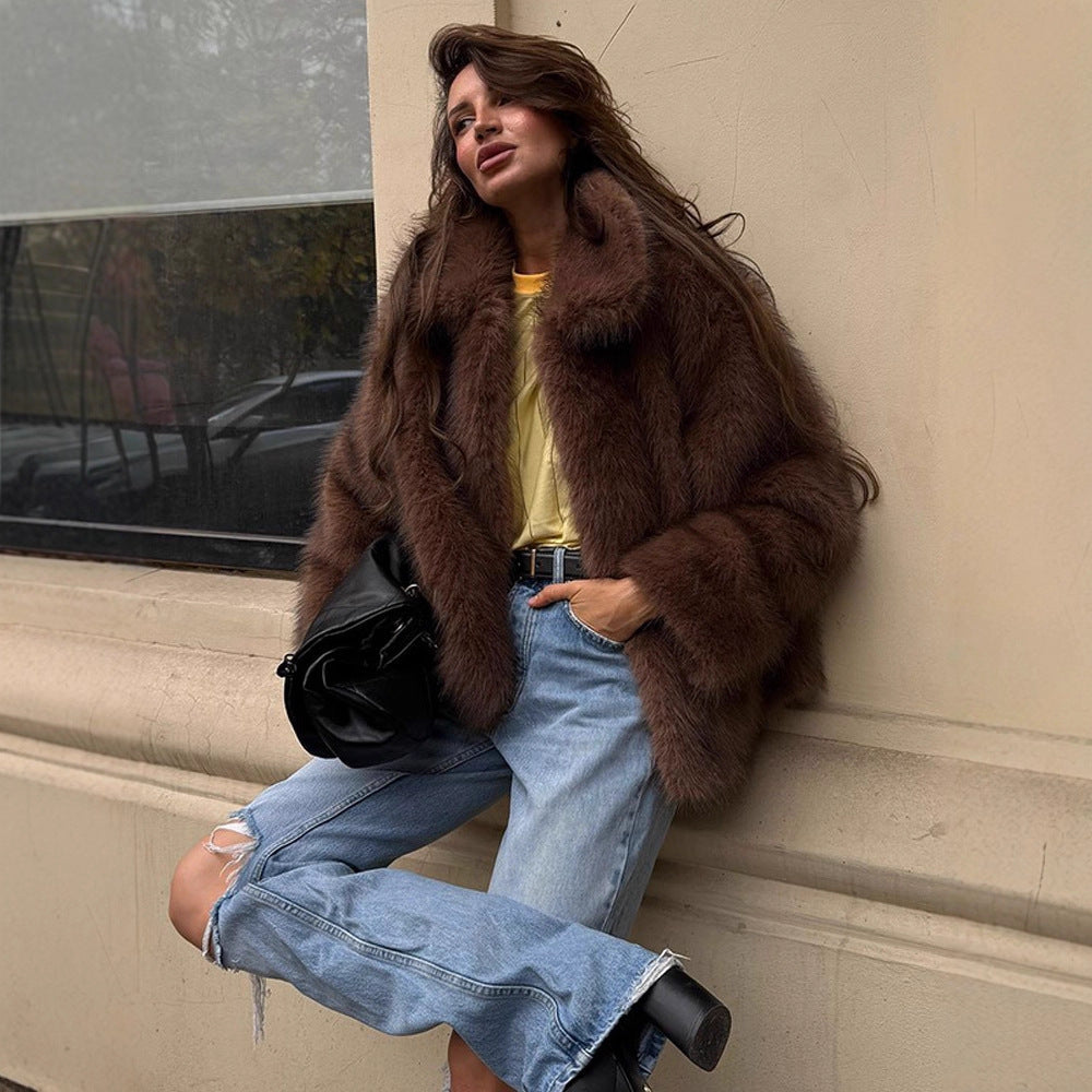 Women's Short Cut Voluminous Faux Fur Coat with Wide Shawl Collar EVA-US