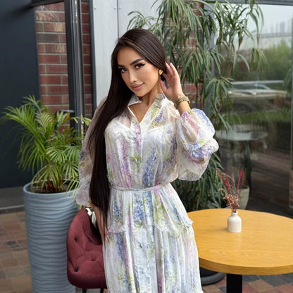 Women's Long Chiffon Tiered Maxi Dress with Ruffles & Delicate Flower Print EVA-US