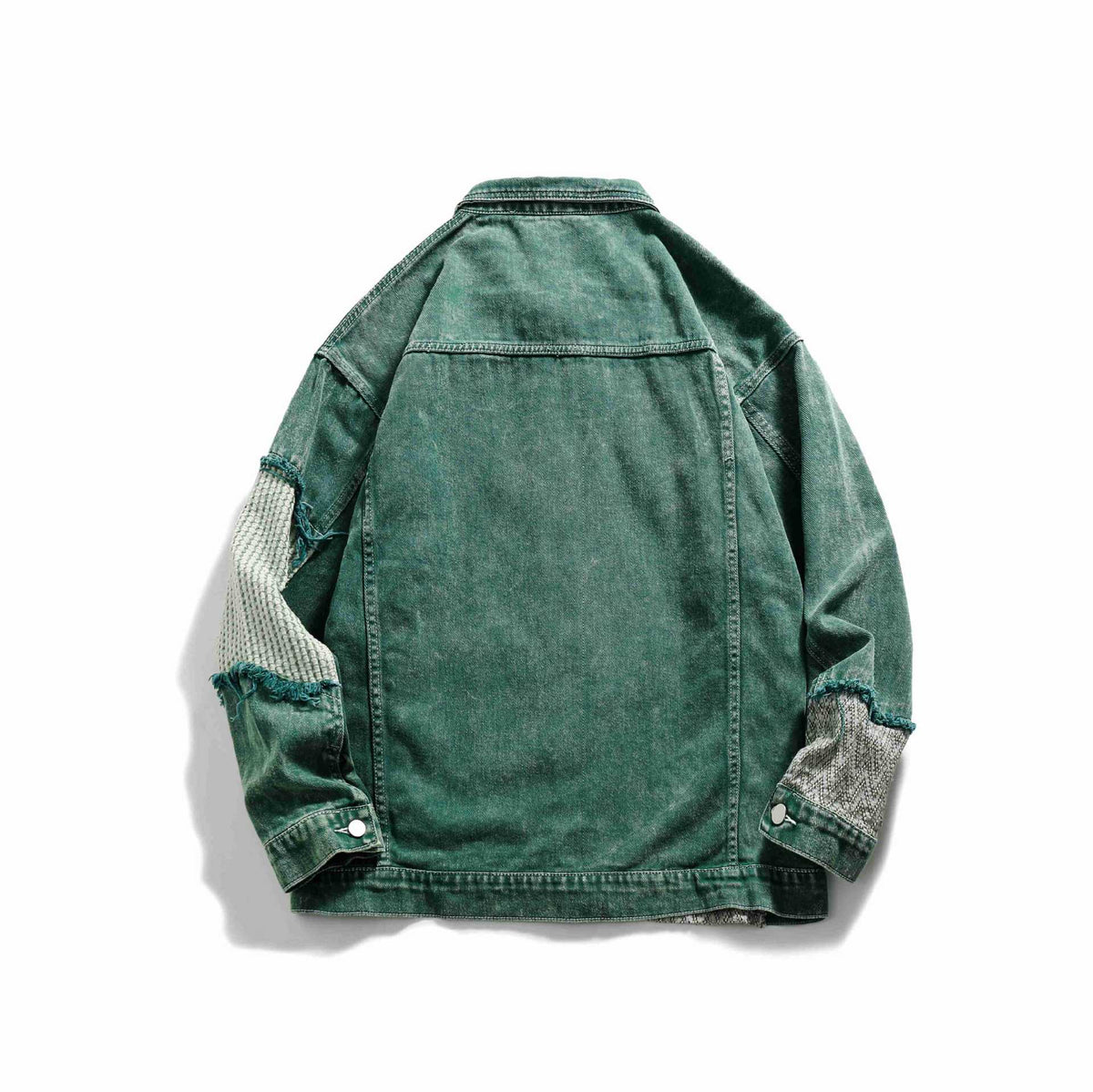Unisex Patchwork Denim Jacket with Knitted Inserts and Frayed Edges EVA-US