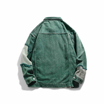 Unisex Patchwork Denim Jacket with Knitted Inserts and Frayed Edges EVA-US