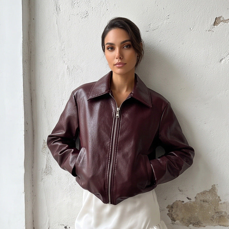 Women's short jacket made of vegan smooth leather look with pointed shirt collar and front zipper EVA-US