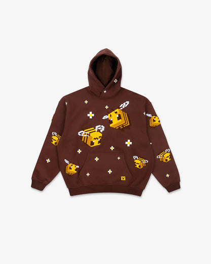 Unisex knitted hoodie with integrated pixel bee design and applied kangaroo pocket EVA-US