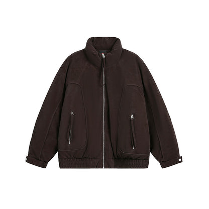 Men's Oversized Padded Bomber Jacket with Stand-Up Collar, Zipper Pockets, and Elastic Hem EVA-US