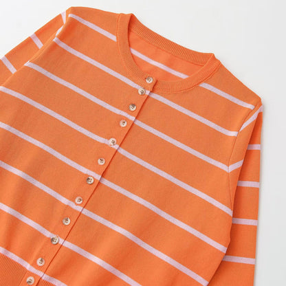 Women's Short-Cut Fine Knit Cardigan with Horizontal Stripes and Mother-of-Pearl Buttons EVA-US
