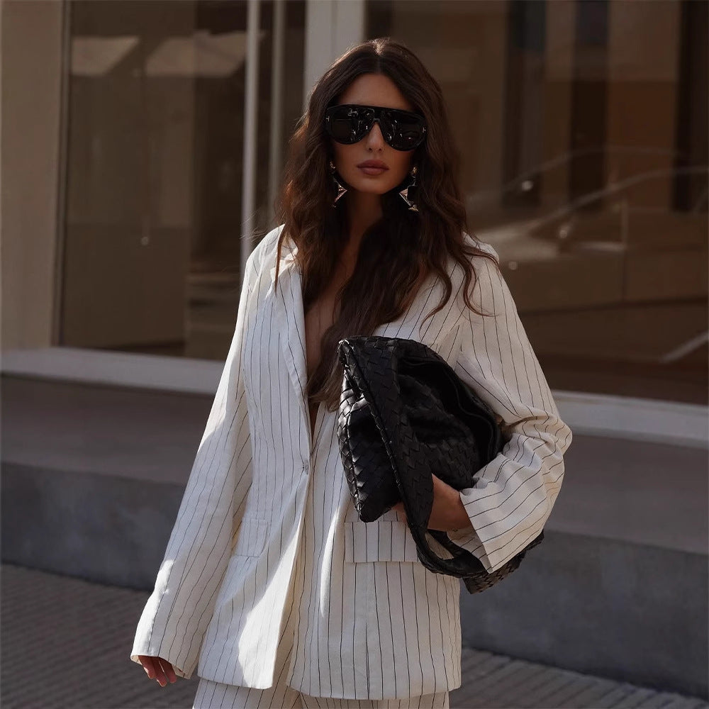 Women Two-Piece Pinstripe Suit Set with Oversized Blazer and Wide Pleated Trousers EVA-US