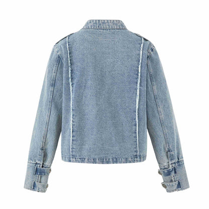 Women's denim blouson in military look with standing collar and decorative button placket EVA-US