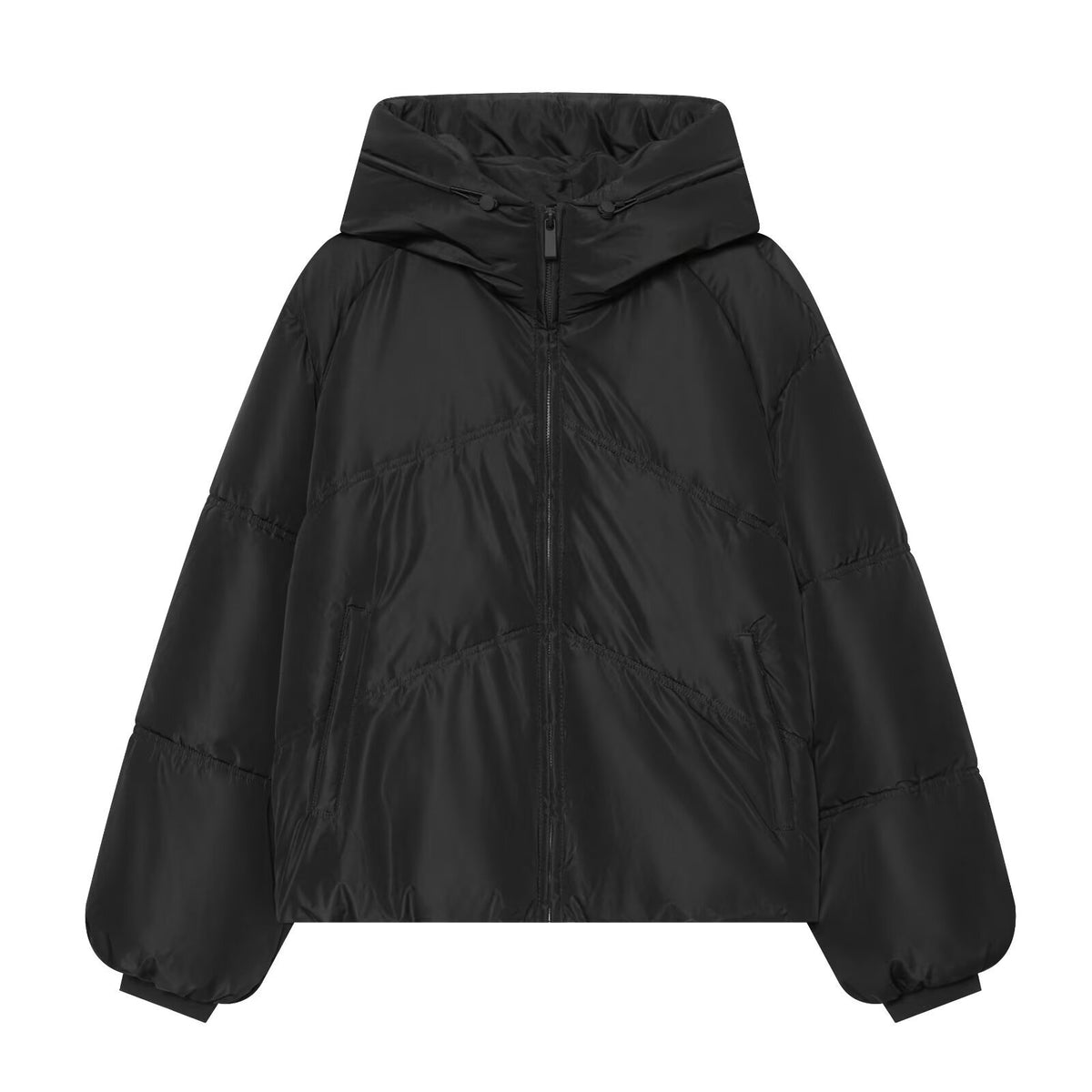 Women Short Cut Padded Oversize Quilted Jacket with High Stand-Up Collar and Hood EVA-US