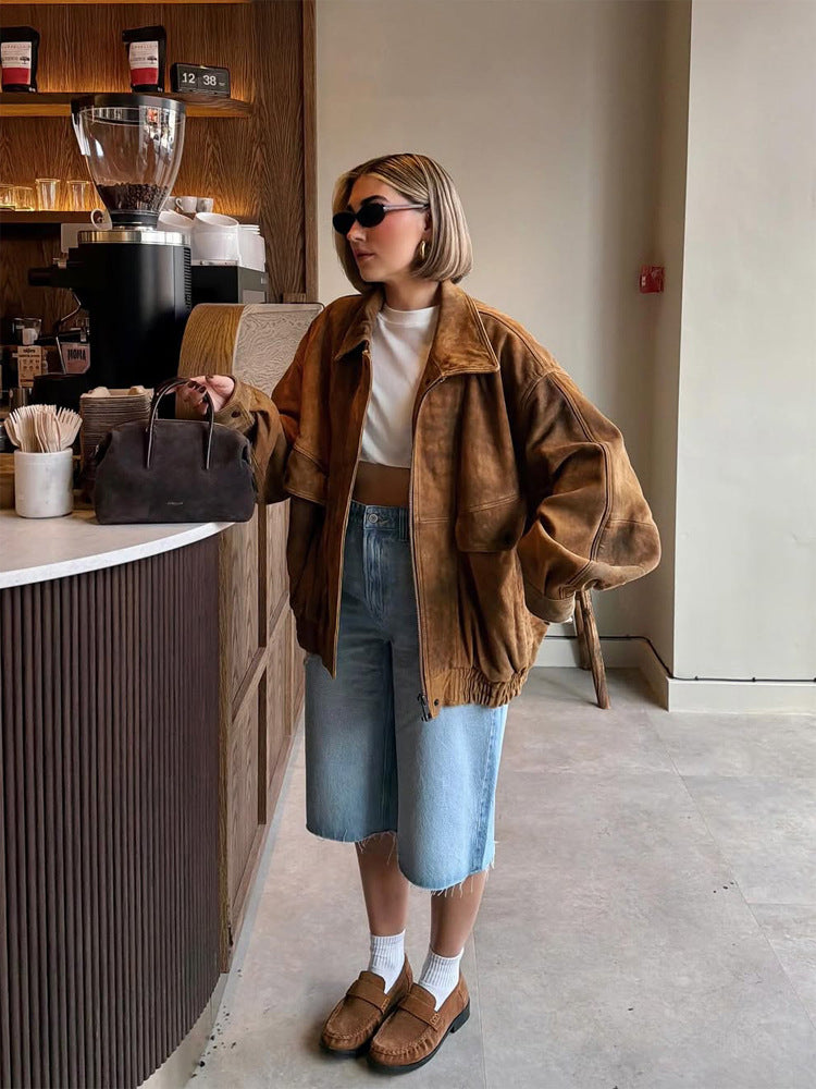 Women's Oversized Suede Bomber Jacket with Elastic Hem EVA-US