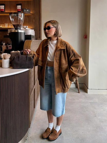 Women's Oversized Suede Bomber Jacket with Elastic Hem EVA-US