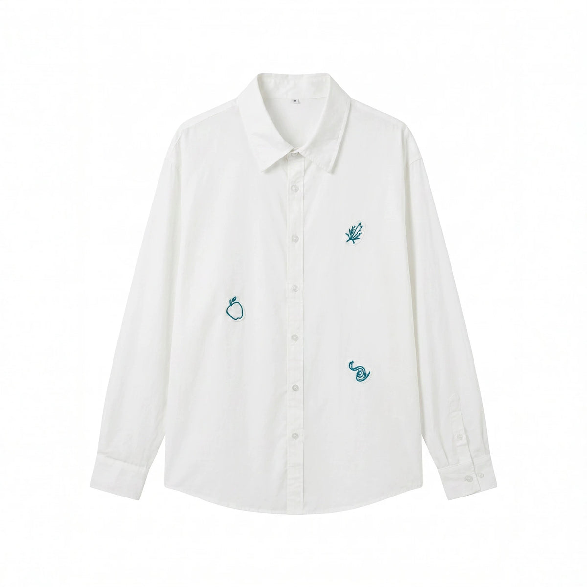 Women's oversized shirt blouse with fine embroidery appliqués and elongated hem down
