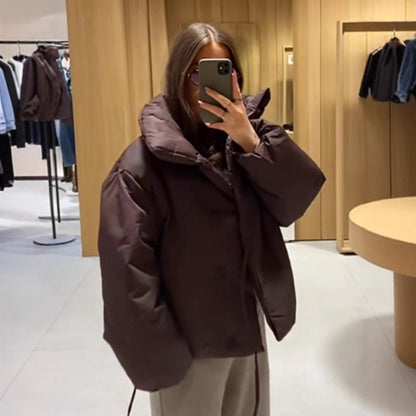Women Short Padded Oversized Puffer Jacket with Hood and Tie Belt EVA-US