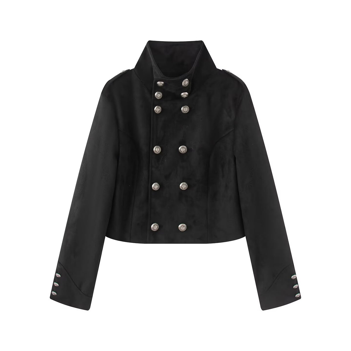 Women's short uniform-inspired jacket with high stand-up collar, double button placket and decorative cuffs EVA-US