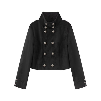 Women's short uniform-inspired jacket with high stand-up collar, double button placket and decorative cuffs EVA-US