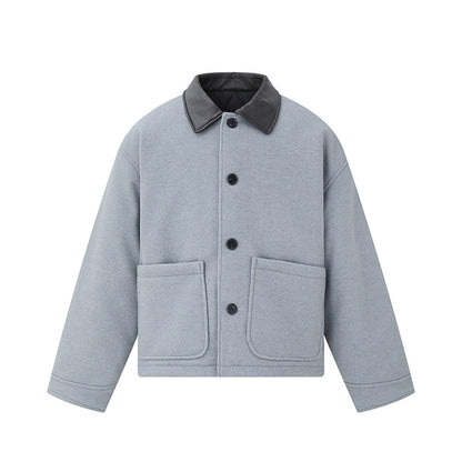 Unisex Short Blouson in minimalist Workwear look made of wool blend with leather look collar EVA-US