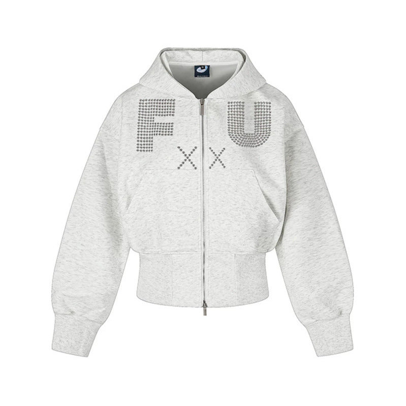 Ladies Short Hooded Sweat Jacket with Full Zip, Wide Ribbed Hem and Rhinestone Logo EVA-US