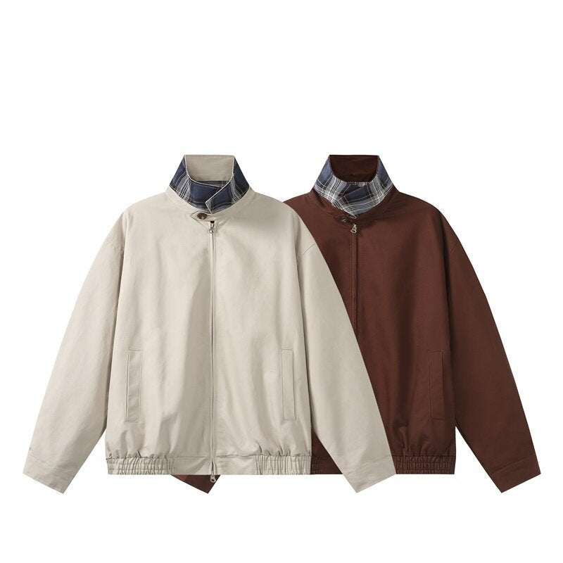 Unisex Short-Cut Boxy Blouson Jacket with Checked Stand Collar, Elastic Hem, and Two-Way Zipper EVA-US