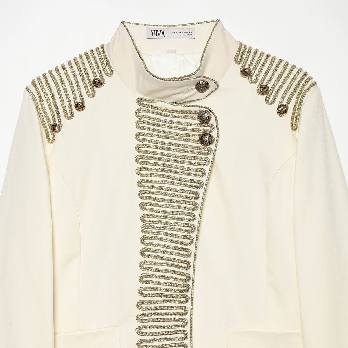 Women's Military Style Short Blazer with Decorative Trim and Stand-Up Collar EVA-US