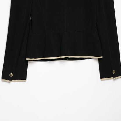 Women Cropped Short Blazer with Stand Collar, Decorative Piping and Medallion Buttons EVA-US
