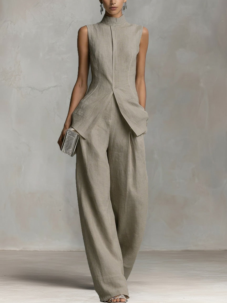 Women's Suit with Stand Collar and Wide Legs – Sleeveless Top & Marlene Pants