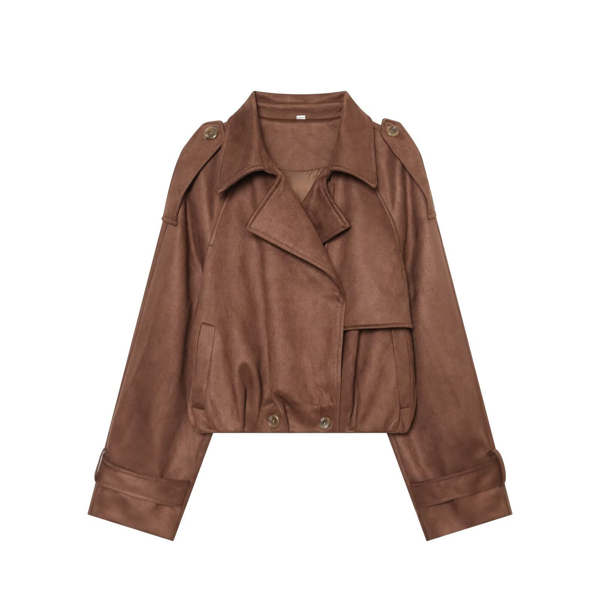 Women Short Cut Trench Jacket in Suede Look with Epaulettes and Buckle Cuffs EVA-US