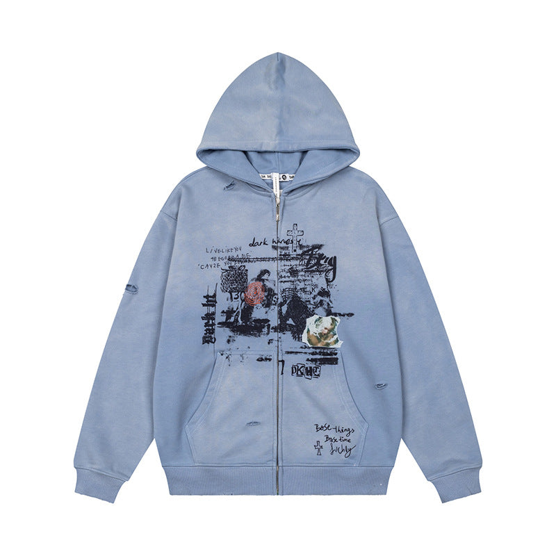 Unisex Oversize Hoodie with Zipper, Used Effect, Vintage Print and Kangaroo Pockets EVA-US