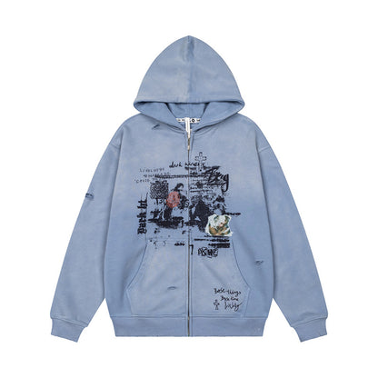 Unisex Oversize Hoodie with Zipper, Used Effect, Vintage Print and Kangaroo Pockets EVA-US