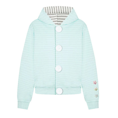 Women's hooded sweat jacket with oversized buttons, striped inner lining, and ribbed cuffs.