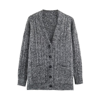 Women Large Knitted Oversize Cardigan with Cable Knit V-Neck and Patch Pockets EVA-US