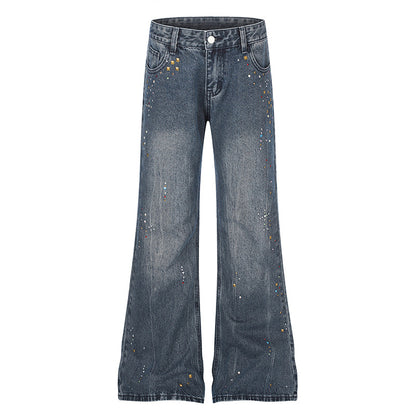 Women High-Waist Flared Jeans with Pearl and Stud Decoration EVA-US