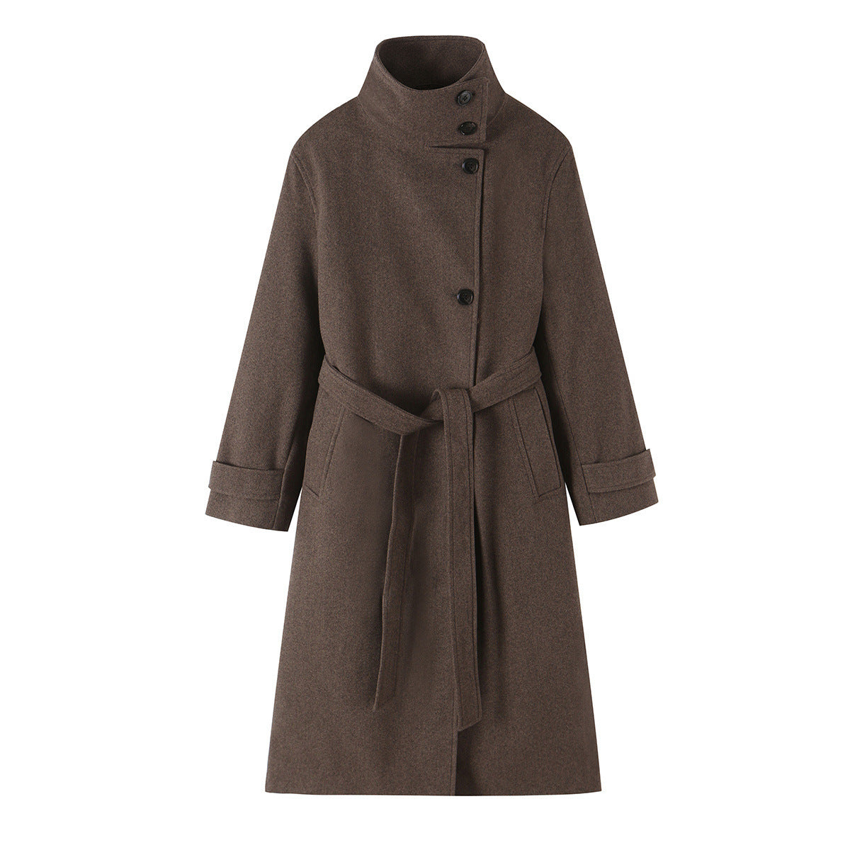 Women's wool coat with stand-up collar, tie belt and asymmetric button placket EVA-US