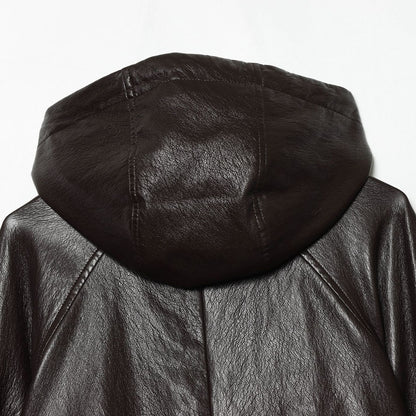 Women's Short Hooded Leather Look Bomber Jacket with Drawstring Hem EVA-US