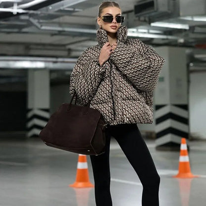 Women Short Quilted Oversized Quilted Jacket with High Shawl Collar EVA-US
