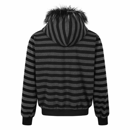 Unisex Striped Hooded Jacket with Faux Fur Hood and Zipper Pockets EVA-US