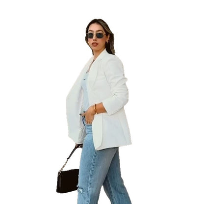 Women Fitted Double-Breasted Long Blazer with Light Shoulder Pads and Clean Lapels EVA-US