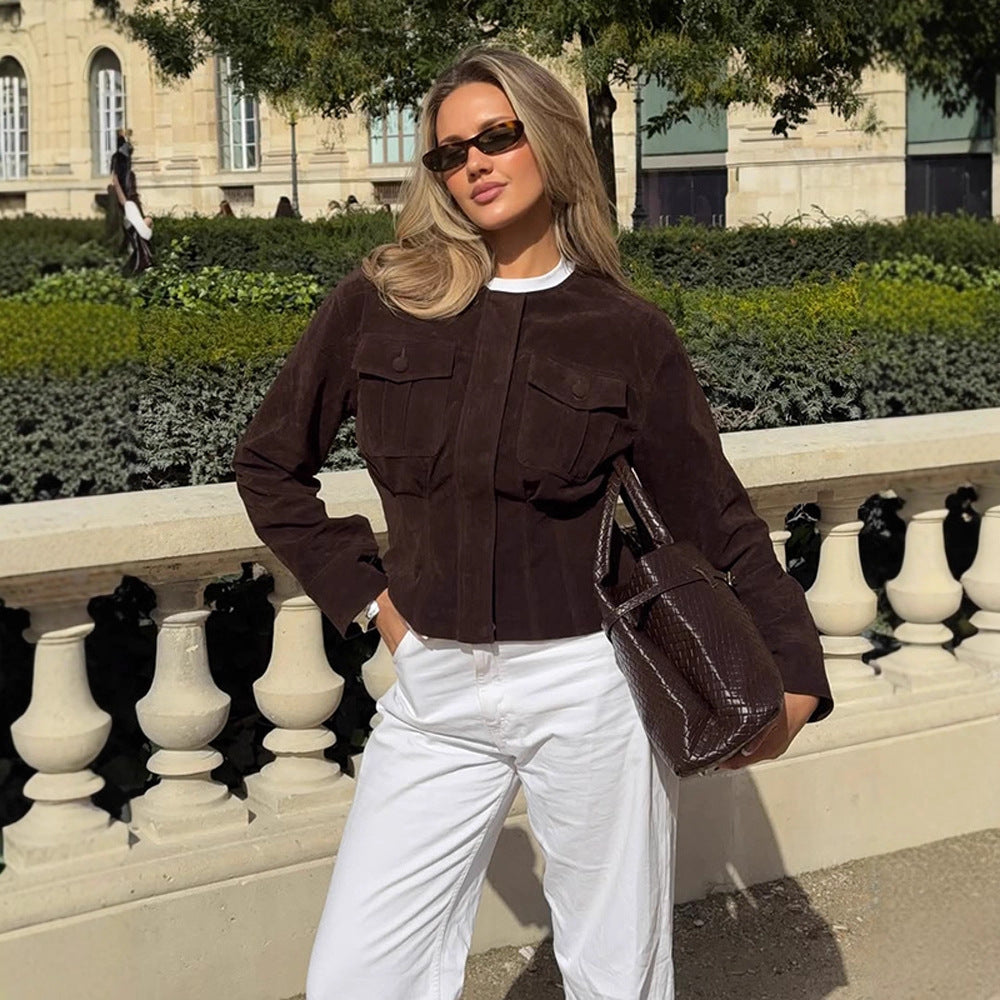 Women's short jacket made of suede in shirt jacket style with attached breast pockets EVA-US