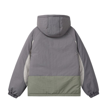 Unisex Boxy Colorblock Hooded Puffer Jacket with Windproof Cover and Zip Pockets EVA-US