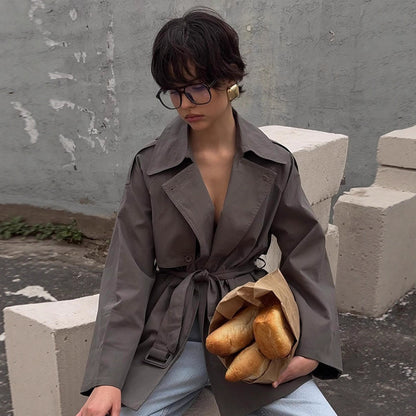 Women Short Trench Coat with Tied Belt and Oversized Sleeves EVA-US
