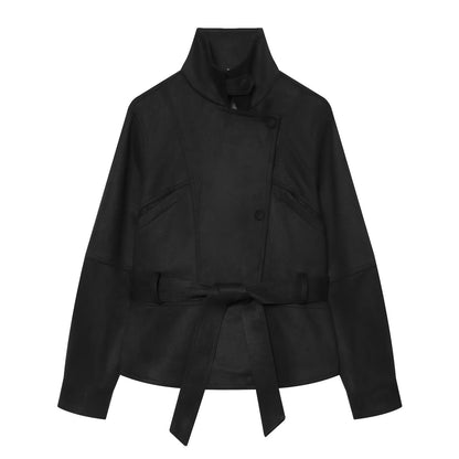 Women's tailored short jacket made of soft suede imitation with asymmetrical button placket and tie belt EVA-US